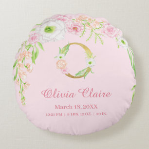 Rosa florales goldenes Monogramm "O" Baby Girl Sta Rundes Kissen