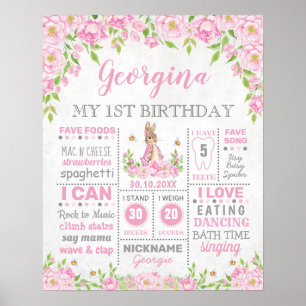 Rosa florales Kaninchen-Hasen-Geburtstags-Meilenst Poster