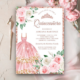 Rosa Florales Kleid Rosenvergoldeter Quinceanera Einladung