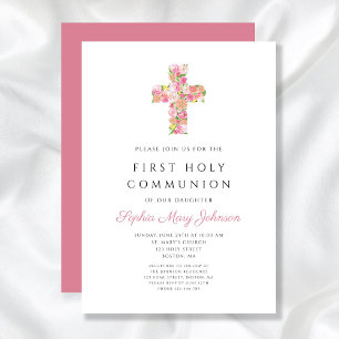 Rosa florales Kreuz Religiöse Erste Kommunion Einladung