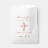 Rosa florales Kreuz Religiöse Erste Kommunion Geschenktütchen (Vorderseite)