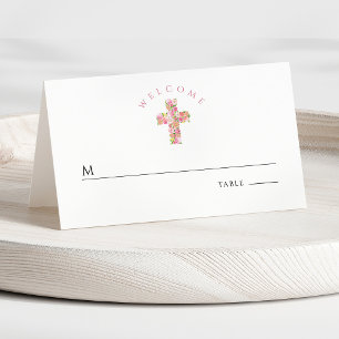 Rosa florales Kreuz Religiöse Erste Kommunion Platzkarte