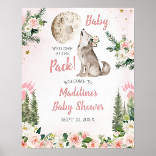Rosa Florales Mond Wald Wolf Willkommensschild Poster (Vorne)