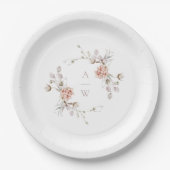 Rosa Florales Monogramm Hochzeitspapierteller  Pappteller (Vorderseite)
