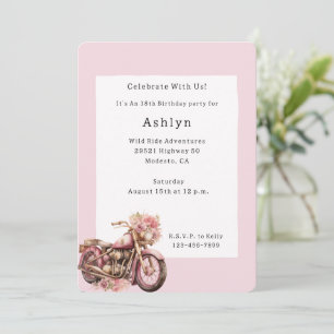 Rosa florales Motorrad-Geburtstag   Einladung