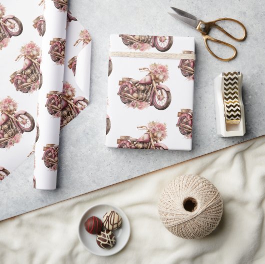 Rosa florales Motorrad-Geburtstag Geschenkpapier (Kunsthandwerk)