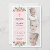 Rosa florales Multifoto Erste Kommune für Mädchen Einladung (Vorderseite)