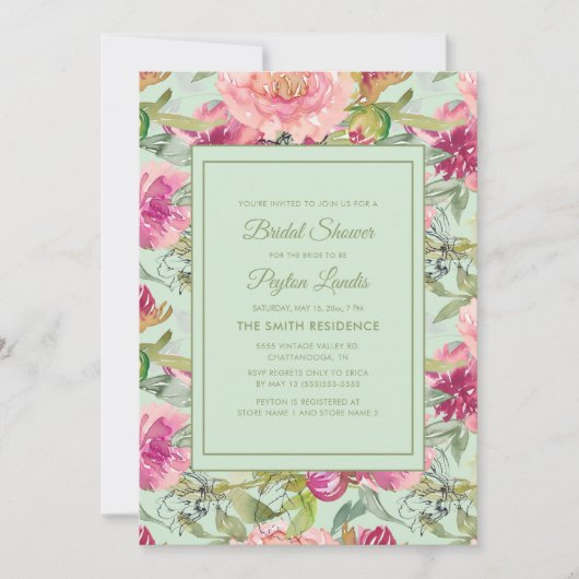 Rosa florales Neo Mint Green Brautparty Einladung (Vorderseite)