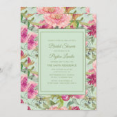 Rosa florales Neo Mint Green Brautparty Einladung (Vorne/Hinten)