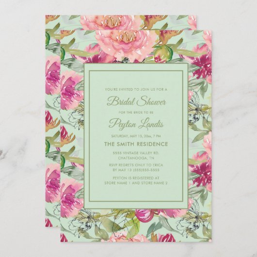 Rosa florales Neo Mint Green Brautparty Einladung (Vorne/Hinten)