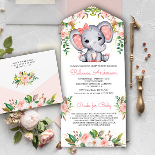 Rosa Florales niedliches Elefant-Baby-Shower All In One Einladung