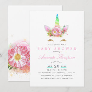 Rosa florales Regenbogen-Einhorn-Mädchen-Baby-Part Einladung