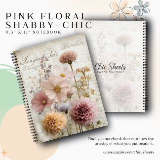 Rosa florales Shabby-Chic 8,5" x 11" Spiralnotizbu Notizblock