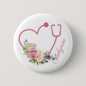Rosa florales Stethoskop Herz Medizinstudium Button (Vorderseite)