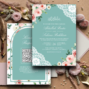 Rosa Florales Türkis Mint Spitze QR Code Muslimisc Einladung