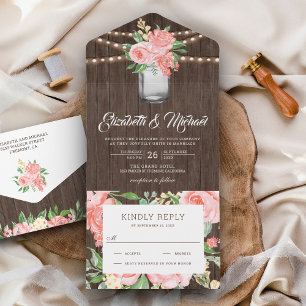 Rosa Florales Weckglas Rustikale Holz Hochzeit All In One Einladung