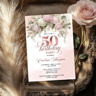 Rosa Floralien und Grünzeug Roségold 50. Geburtsta Einladung