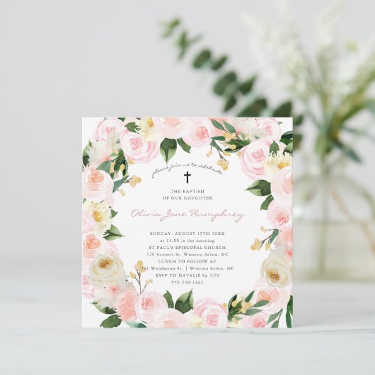 Rosa Florals Blush | Frühjahrsflorale Taufe Einladung (Stehend Vorderseite)