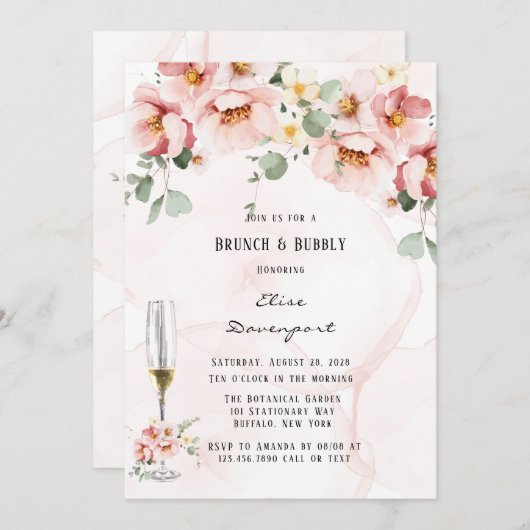 Rosa Florals Elegante Eukalyptus Brunch & Bubbly Einladung (Vorne/Hinten)