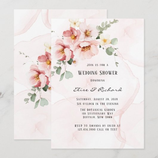 Rosa Florals Elegante Eukalyptus-Polterabend Einladung (Vorne/Hinten)