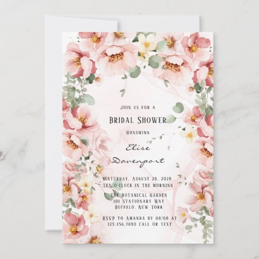 Rosa Florals Elegantes Eukalyptus-Brautparty Einladung (Vorderseite)