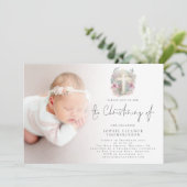 Rosa Florals Foliage Cross Foto Christening Einladung (Stehend Vorderseite)