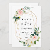 Rosa Florals, Grün & Gold Save The Date (Vorne/Hinten)