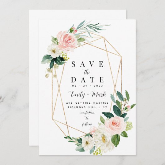 Rosa Florals, Grün & Gold Save The Date (Vorne/Hinten)
