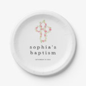 Rosa Florals Kreuzname Datum Girl Taufen Papier Pl Pappteller (Vorderseite)