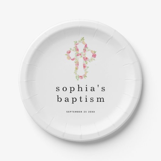 Rosa Florals Kreuzname Datum Girl Taufen Papier Pl Pappteller (Vorderseite)