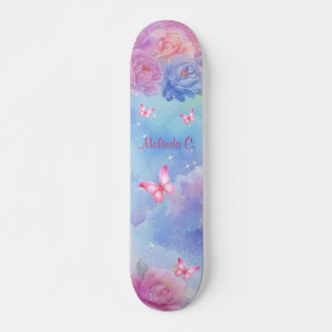 Rosa Florals und rosa Schmetterlinge Regenbogenwol Skateboard