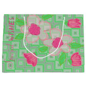 Rosa Flower mit Grün und Grau Große Geschenktüte (Vorderseite)