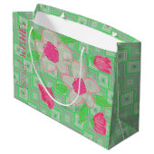 Rosa Flower mit Grün und Grau Große Geschenktüte (Rückseite Schrägansicht)