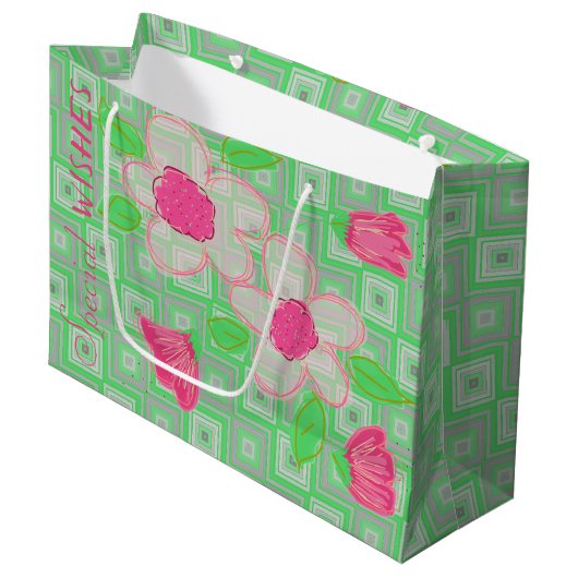 Rosa Flower mit Grün und Grau Große Geschenktüte (Vorderseite Schrägansicht)