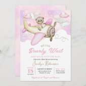 Rosa Flugzeug Flying Teddy Bear Clouds Babydusche Einladung (Vorne/Hinten)