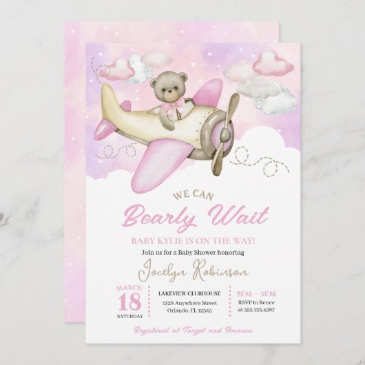 Rosa Flugzeug Flying Teddy Bear Clouds Babydusche Einladung (Vorne/Hinten)