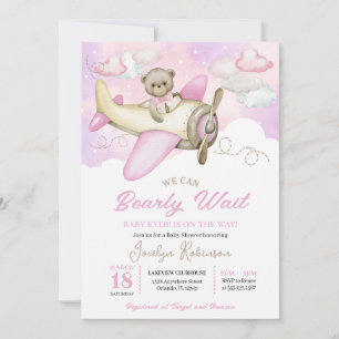 Rosa Flugzeug Flying Teddy Bear Clouds Babydusche Einladung