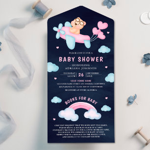 Rosa Flugzeug Mädchen Teddybär Navy Babyparty All In One Einladung
