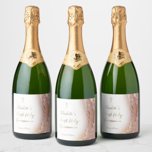 Rosa flüssige Marmor Erste Kommune Schaumweinetikett (Flaschen)