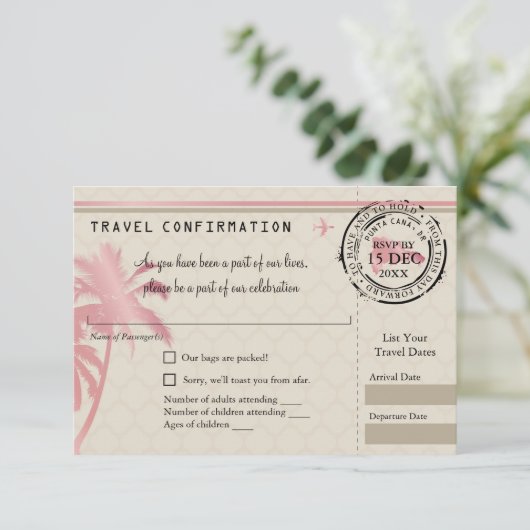 Rosa Foil UAWG Boarding Pass auf Dominikanische Re RSVP Karte (Stehend Vorderseite)