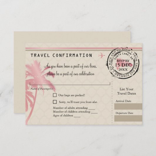 Rosa Foil UAWG Boarding Pass auf Dominikanische Re RSVP Karte (Vorne/Hinten)