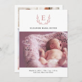 Rosa Foliage Wreath Foto Geburtserklärung Einladung (Vorne/Hinten)