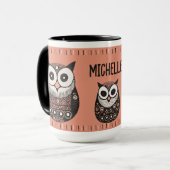 Rosa Folk Art Owl Individuelle Name Tasse (Vorderseite Links)