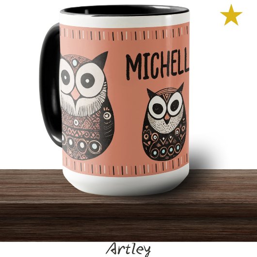 Rosa Folk Art Owl Individuelle Name Tasse
