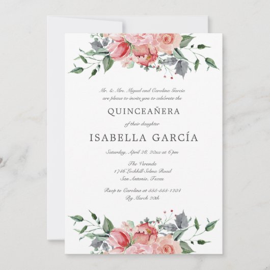 Rosa Foto Bibel Verse Quinceañera Einladung (Vorderseite)