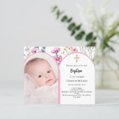 Rosa Foto Bogen florale Mädchen Taufe Einladung (Stehend Vorderseite)