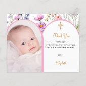 Rosa Foto Bogen Floralmädchen Taufe Danke Karte (Vorderseite)