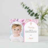 Rosa Foto Bogen Floralmädchen Taufe Danke Karte (Stehend Vorderseite)