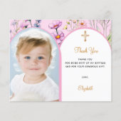 Rosa Foto Bogen Floralmädchen Taufe Danke Karte (Vorderseite)