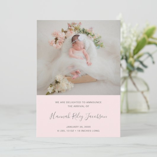 Rosa Foto Collage Neugeborene Mädchen Geburt Ankündigung (Stehend Vorderseite)